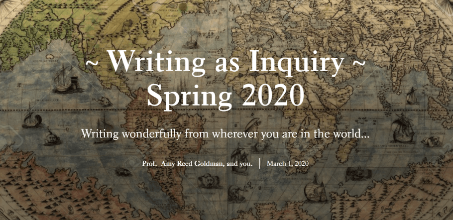 Writing as Inquiry, Spring 2020: Writing wonderfully from wherever you are in the world. Professor Amy Reed Goldman, and you.